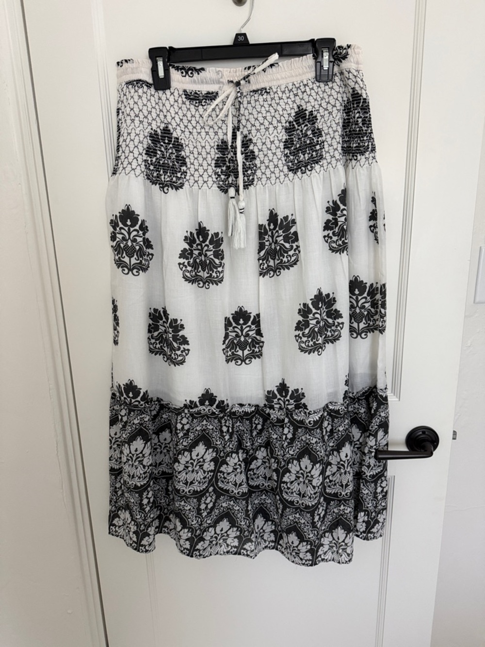 Boho Black and White Tiered Maxi Skirt with Smocked Waist